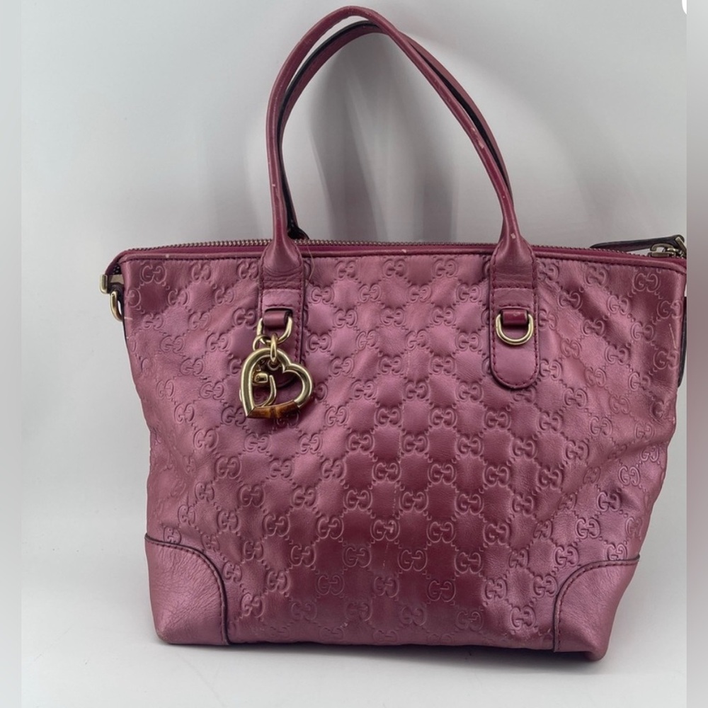 Gucci Mauve Leather Tote with Gold Heart Charm and removable Strap Vintage